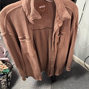 aerie Waffle Knit Button-Down Shirt Jacket in Dusty Rose